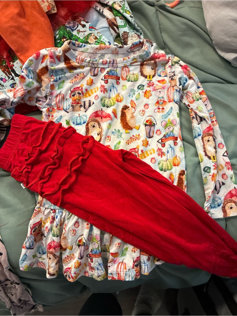 Kids Fall Animal Print Top & Red Ruffle Leggings Matching Set